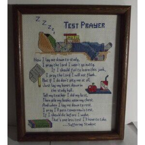 Cross Stitch Framed Test Prayer picture student teacher school 9" x 11" glass